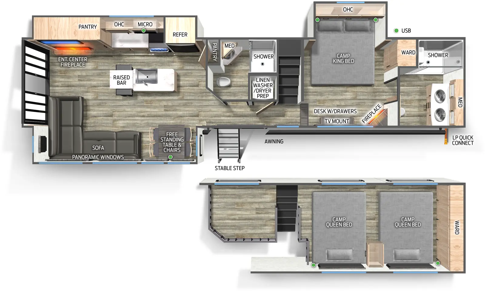 The Campsite Reserve 39JD floorplan has one entry and two slide outs. Exterior features include: metal exterior. Interiors features include: loft, kitchen island, free-standing dinette option, rear living and two full bathrooms.